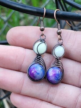 Green Luminous Stone & Dyed Quartz Handmade Copper Earrings